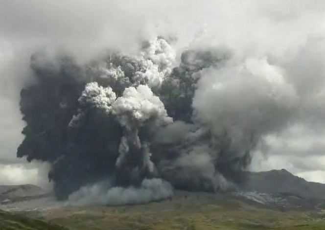 Screenshot of a video of the eruption of the Aso volcano on October 20, 2021.