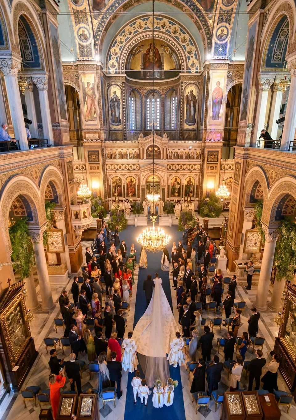 Nina Flohr and Prince Philippos at their church wedding in the Cathedral of the Annunciation in Athens, on October 23, 2021.