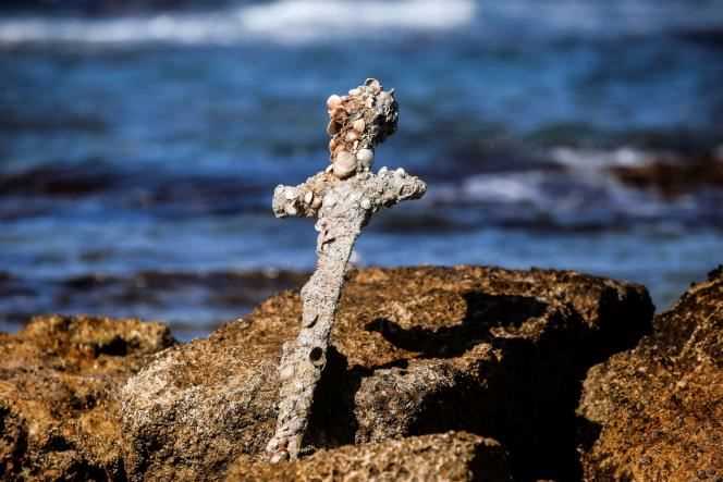 The sword discovered on Saturday, which has a one-meter-long blade and a 30-centimeter hilt, is completely covered in corals and shells.
