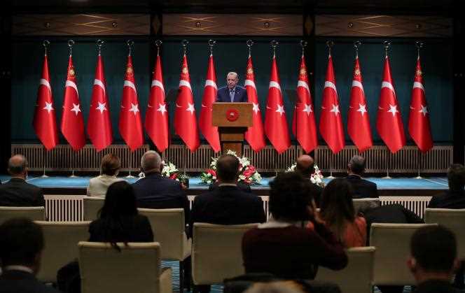 Turkish President Recep Tayyip Erdogan addresses the press on October 25, 2021, in Ankara.