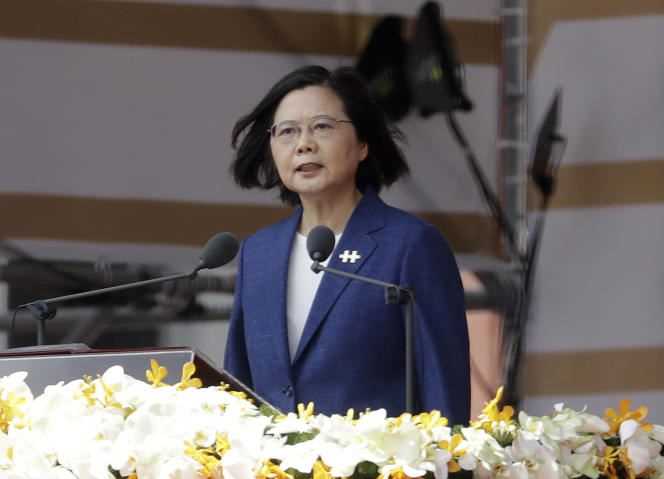 Taiwanese President Tsai Ing-wen during her speech on National Day in Taipei, Sunday, October 10, 2021.