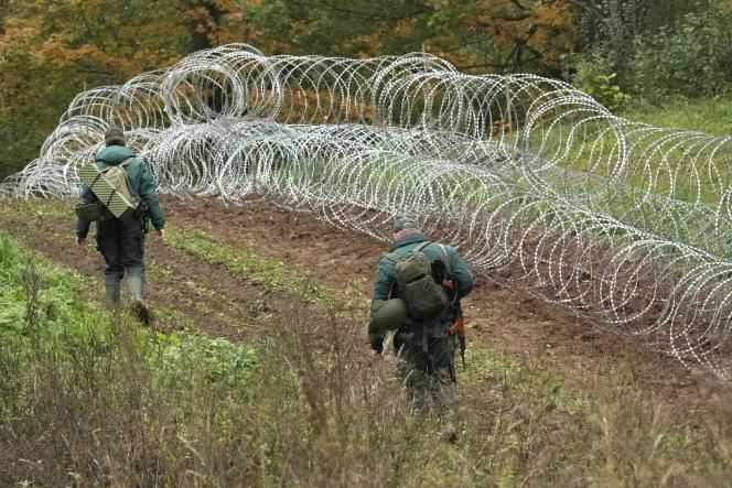 Barbed wire fence on the border between Belarus and Latvia, September 28, 2021 near Robeznieki (Latvia).