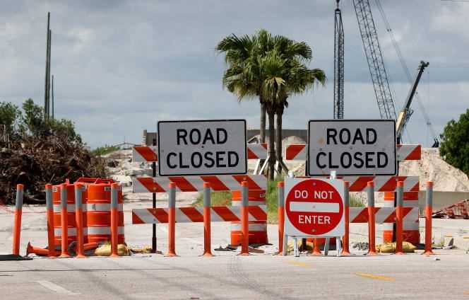 A road is blocked to allow the construction of a bridge on I-95, near Clint Moore Road, in Boca Raton, Florida, on September 30, 2021.