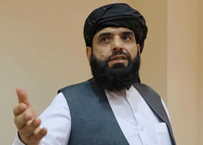 Suhail Shaheen, spokesperson for the Taliban in Doha, at a press conference in Moscow on July 9, 2021.