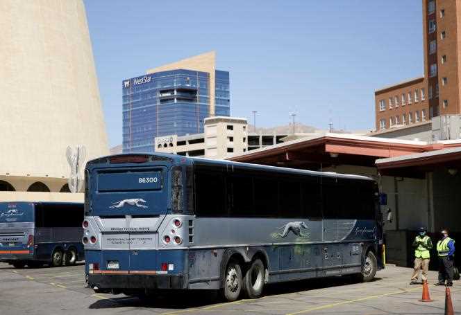 A Greyhound bus in El Paso, Texas on March 5, 2021.