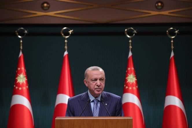 On October 25, 2021, a Turkish presidential press service photo shows President Recep Tayyip Erdogan giving a press conference in Ankara.