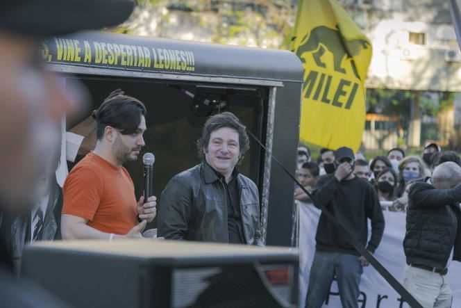 Javier Milei, candidate for national deputy, with Ramiro Marra, candidate for municipal lawmaker, both for Avanza Libertad, on October 5, 2021, in Buenos Aires, Argentina.