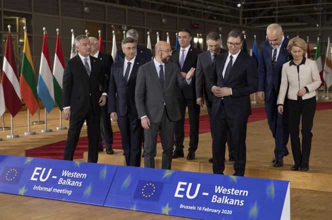 The President of the European Council Charles Michel (center), during an EU-Balkans meeting, in Brussels, in February 2020.