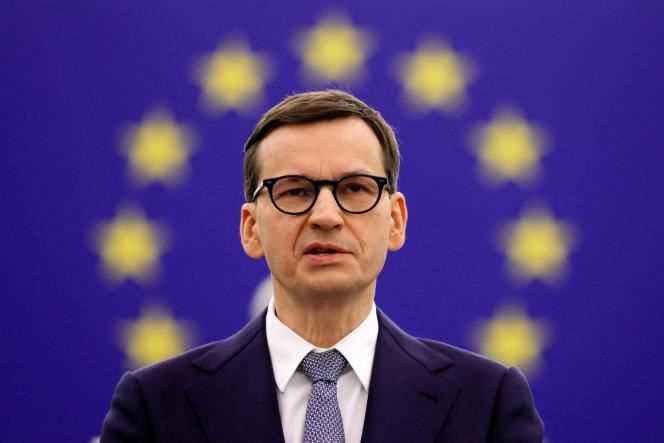 Polish Prime Minister Mateusz Morawiecki during a debate on the rule of European law at the European Parliament, in Strasbourg, October 19, 2021.