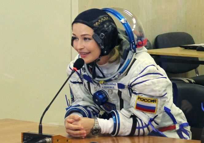 Actress Yulia Peressild, before the launch of the Soyuz MS-19 spacecraft, at the Baikonur Cosmodrome, Kazakhsta, October 5, 2021.