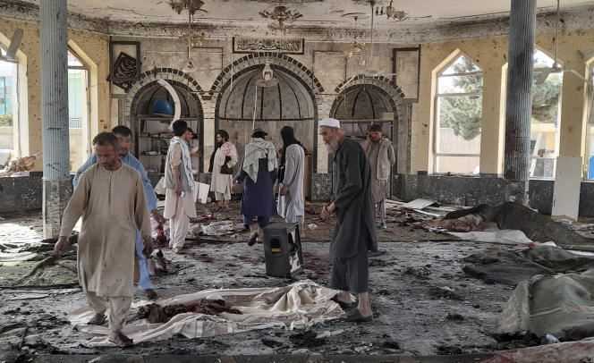 The interior of a mosque following a bombing in Kunduz (northern Afghanistan), Friday, October 8, 2021, after a powerful explosion.
