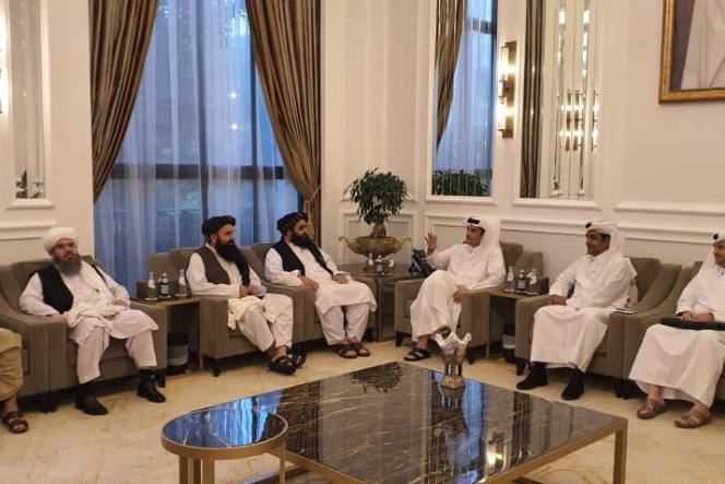 A Taliban delegation meets with Qatari delegates in Doha, Qatar, October 9, 2021.