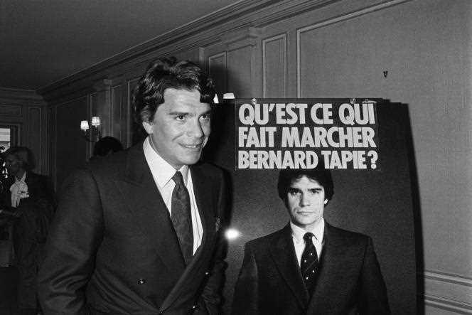 Bernard Tapie at the launch of the advertising campaign for Wonder batteries, at the Pavillon Gabriel, in Paris, in April 1986.