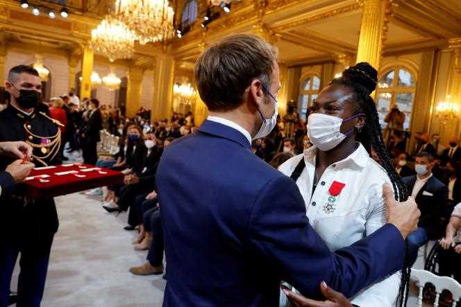 Emmanuel Macron and Olympic judo champion Clarisse Agbegnenou at the Elysee Palace, September 13, 2021.