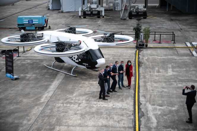 Protoype City Airbus, an electric flying taxi, at the Airbus delivery center in Colomiers (Haute-Garonne), September 21, 2021.