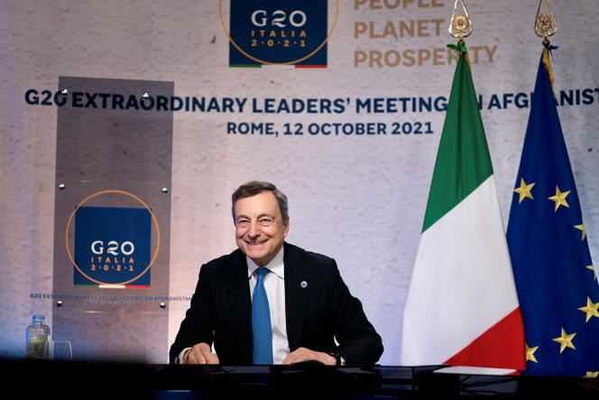 Italian Prime Minister Mario Draghi at the G20 in Rome on October 12, 2021.