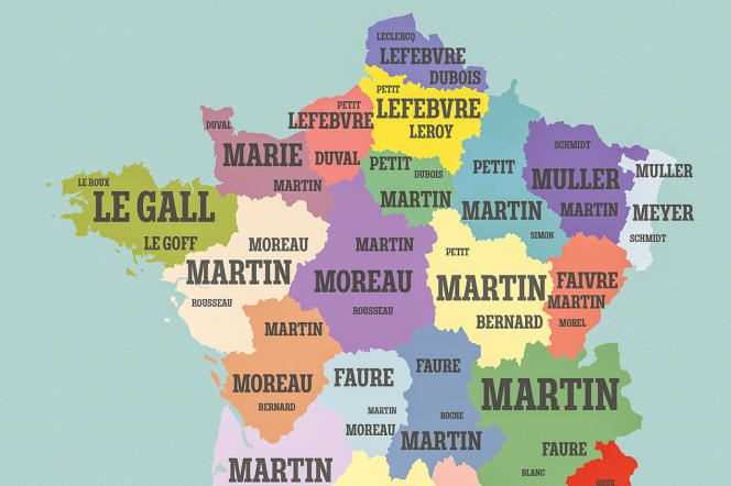 One of the maps from the book Cartomania France, which lists the most common surnames by region.