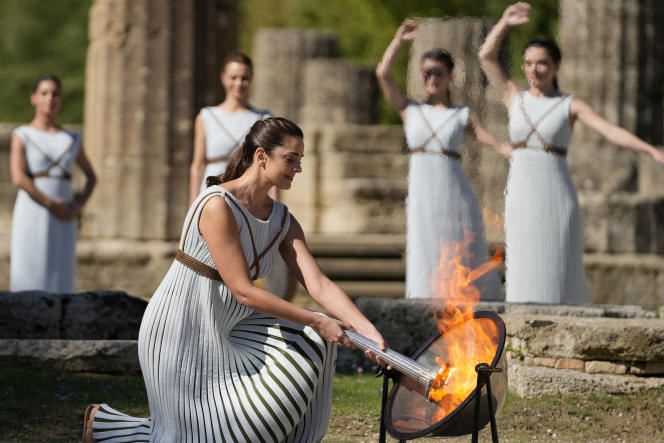 Greek actress Xanthi Georgiou at the site of Ancient Olympia, birthplace of the ancient Olympic Games in southwest Greece, October 18, 2021.