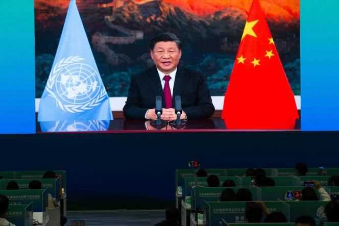 Chinese President Xi Jinping speaking at the United Nations Conference on Biodiversity (COP 15) media center in Kunming, southwest China's Yunnan Province, October 12, 2021.