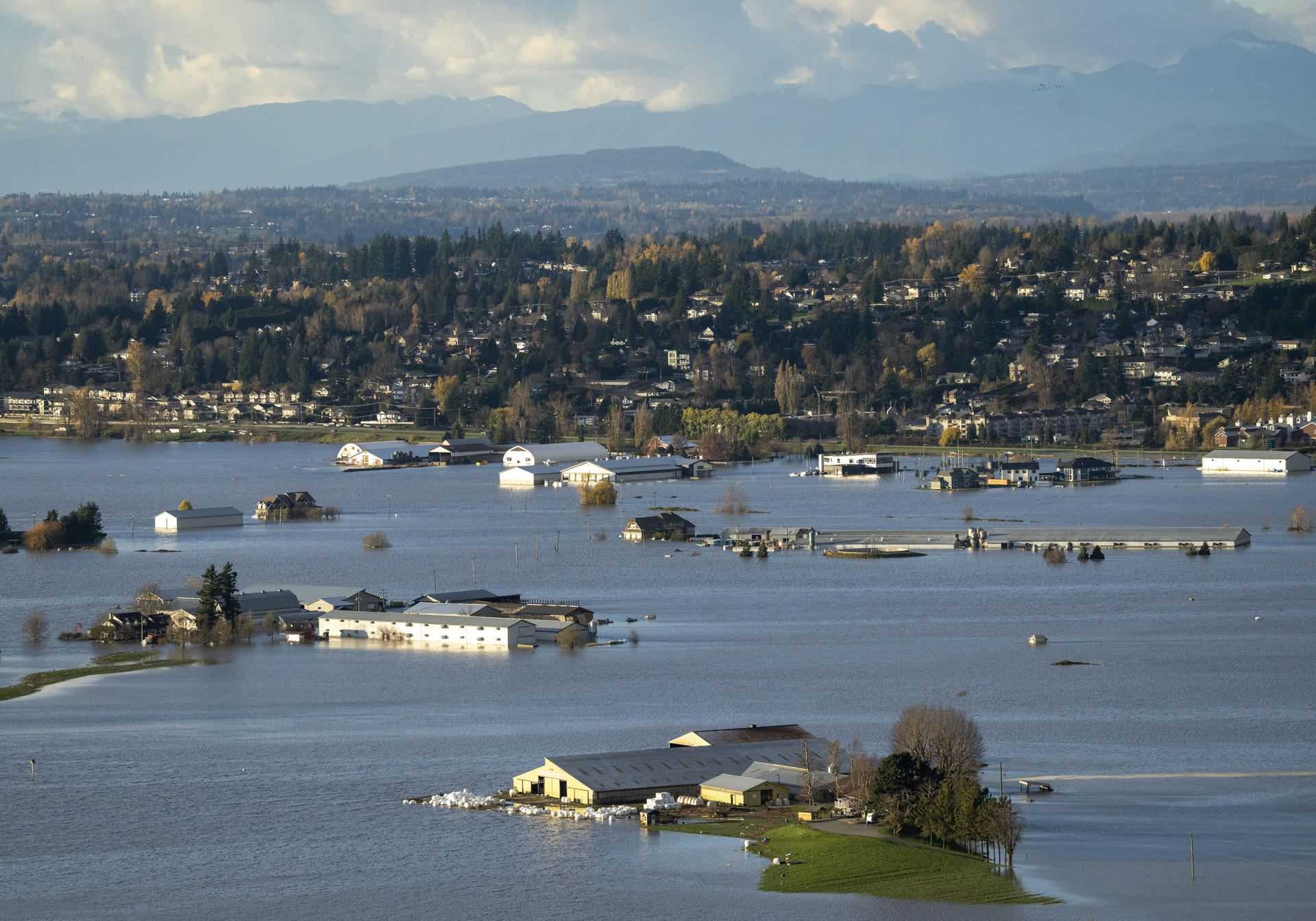 Properties flooded due to flooding in Abbotsford, British Columbia on November 16, 2021.