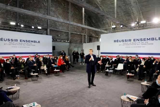 Emmanuel Macron speaks during a debate with local representatives and public and private actors involved in renovation projects, during a visit to Amiens focused on the attractiveness of the Somme department, on November 22, 2021.