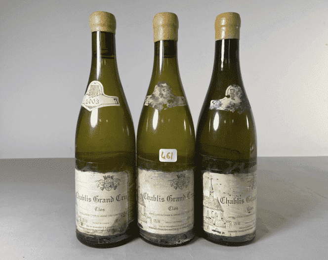 Three bottles of Chablis Grand Cru, François Raveneau, 2003. Chativesle sale in Reims.  Estimate: 1,200 to 1,500 euros.