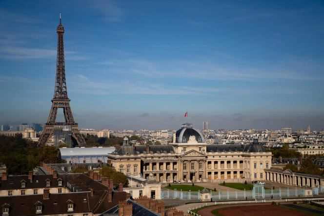 View of the Ecole Militaire and the Eiffel Tower, in Paris, October 27, 2021.