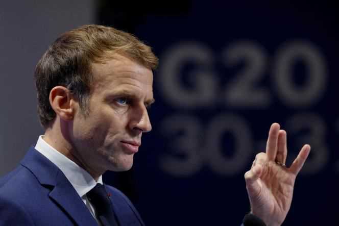 French President Emmanuel Macron addresses the media at a press conference in Rome, October 31, 2021, during the G20 summit.