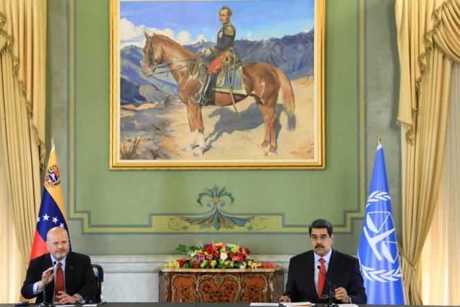 International Criminal Court Prosecutor Karim Khan and Venezuelan President Nicolas Maduro hold a meeting at Miraflores Palace in Caracas on November 3, 2021.