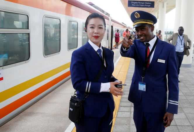 Kenya Railways agents on a railway line built by the Chinese company CRBC, in Ongata Rongai (Kenya), in October 2019.