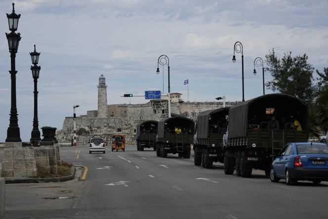 Military trucks patrol Havana, Cuba, November 15, 2021.