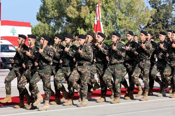 Lebanese army soldiers during the parade marking the 78th anniversary of independence in Beirut on November 22, 2021.