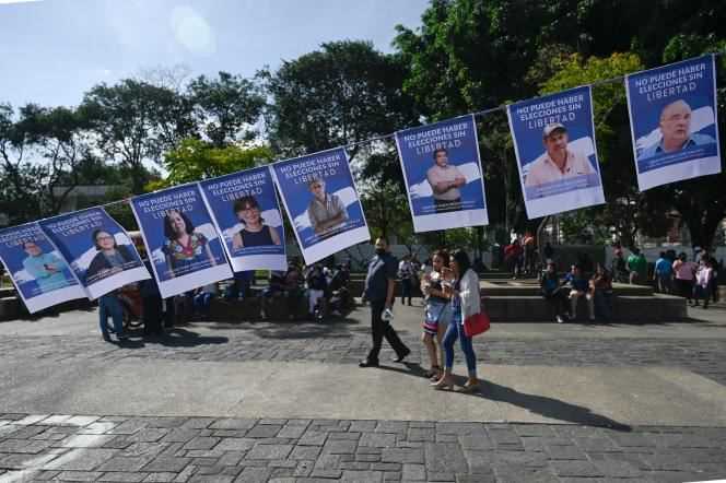 Portraits of Nicaraguan political prisoners during a demonstration by exiled opponents on November 7 in Guatemala City.