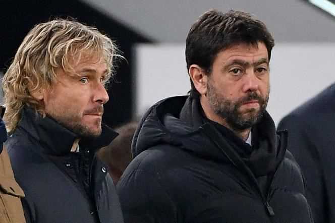 Juventus president Andrea Agnelli (right) and vice-president and former Czech player Pavel Nedved, here at the Allianz stadium in Turin, on November 27, 2021, are in the crosshairs of the financial squad.