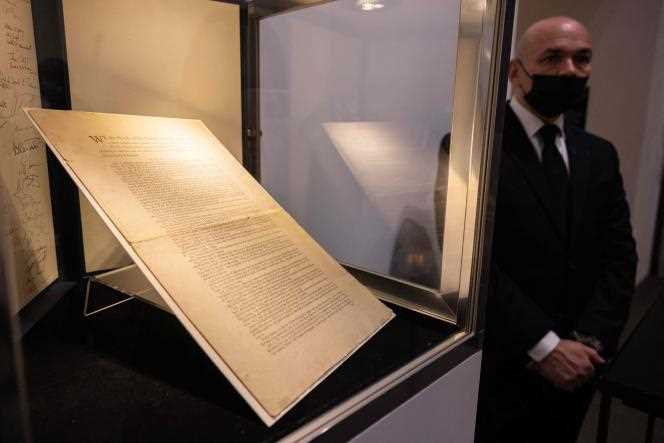 The original copy of the US Constitution auctioned at Sotheby's in New York on November 18, 2021.
