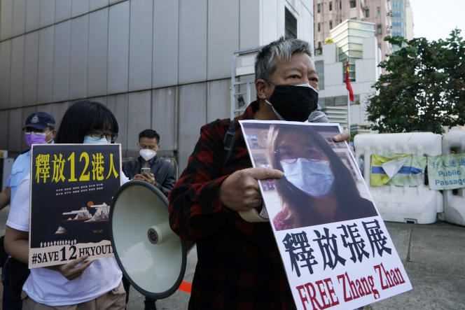Hong Kong pro-democracy activists demonstrate in support of jailed journalist Zhang Zhan on December 28, 2020.