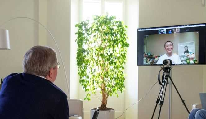 IOC President Thomas Bach in a videoconference with Chinese tennis player Peng Shuai, in Lausanne (Switzerland), November 21, 2021.