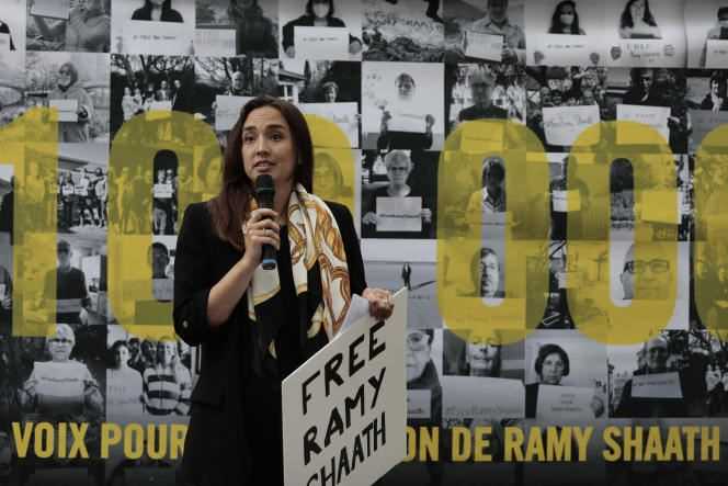Céline Lebrun-Shaath, wife of Ramy Shaath, at a rally near the Egyptian embassy in Paris, June 23, 2021.