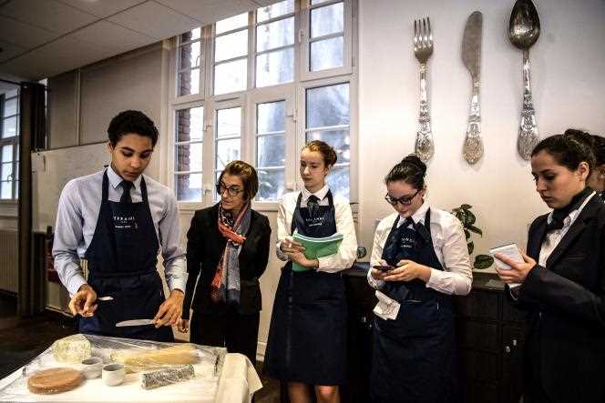 Students participate in a briefing at the French school of gastronomy and hotel management Ferrandi, in Paris, on November 14, 2019.