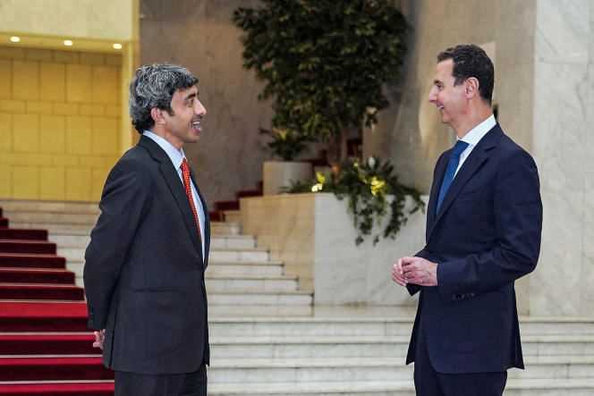 Syrian President Bashar al-Assad (right) receives UAE Foreign Minister Sheikh Abdullah bin Zayed Al Nahyane (left) in Damascus on November 9, 2021. Photo distributed by the News Agency Official Syrian Arabic (SANA).