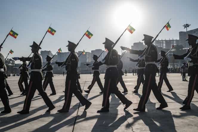 Soldiers march in Addis Ababa on November 7, 2021.