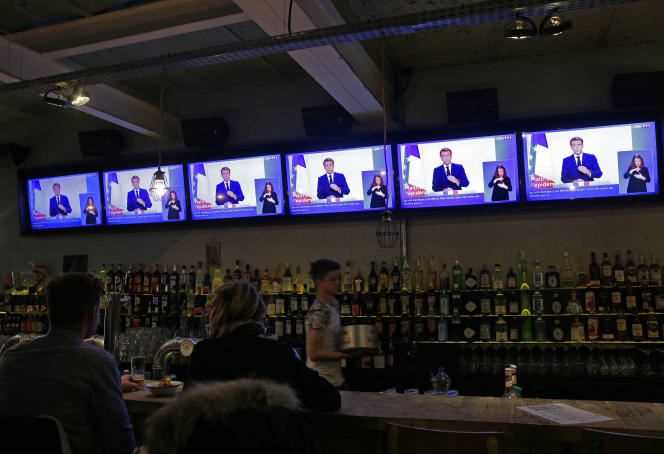 Broadcast of Emmanuel Macron's speech in a bar, in Lille, on November 9, 2021.