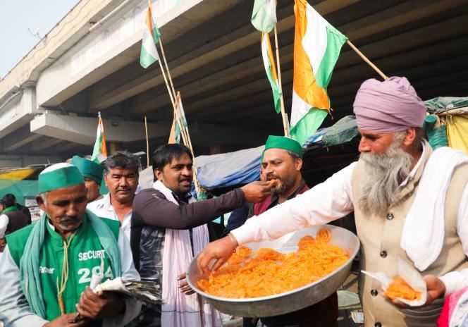 Indian farmers celebrate the repeal of agricultural laws near the Delhi-Uttar Pradesh state border in India on November 19, 2021.