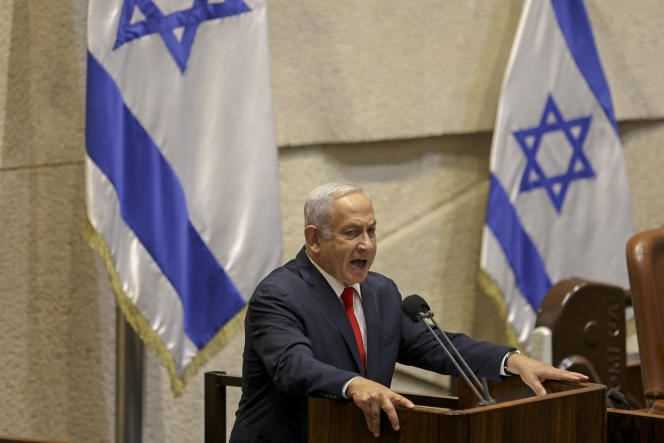 Former Israeli prime minister and current opposition leader Benjamin Netanyahu speaks in a plenary session and votes on the state budget in the Knesset (Israeli parliament) in Jerusalem on November 3, 2021.