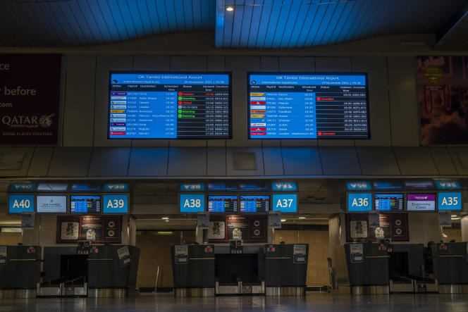 Check-in counters for some foreign airlines remain closed at OR Tambo Airport in Johannesburg on November 29, 2021.