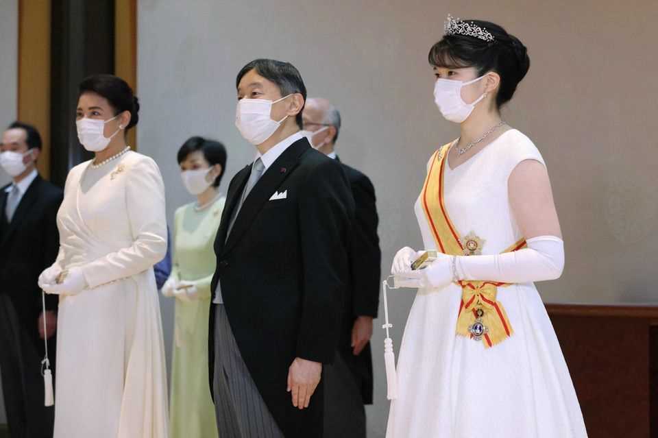 Empress Masako, Emperor Naruhito and Princess Aiko at celebrations at the Imperial Palace as part of the ceremonies for her 20th birthday in Tokyo, Japan, on December 5, 2021.