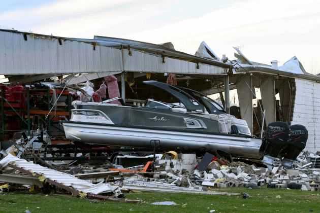 A boat on the ground after being sucked in by the tornado, in Mayfield, Ky. On December 11.