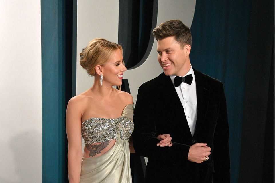 Scarlett Johansson and her husband Colin Jost are on cloud nine.