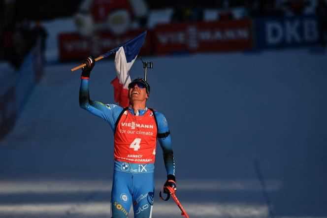 Quentin Fillon Maillet crossing the finish line of the pursuit at Grand-Bornand (Haute-Savoie), December 18.