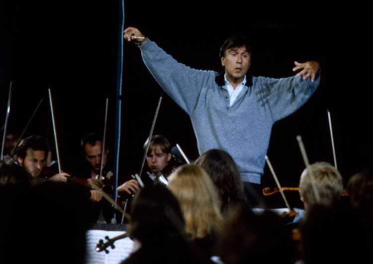The conductor Claudio Abbado rehearsing with a youth orchestra in Berlin, 1988. 